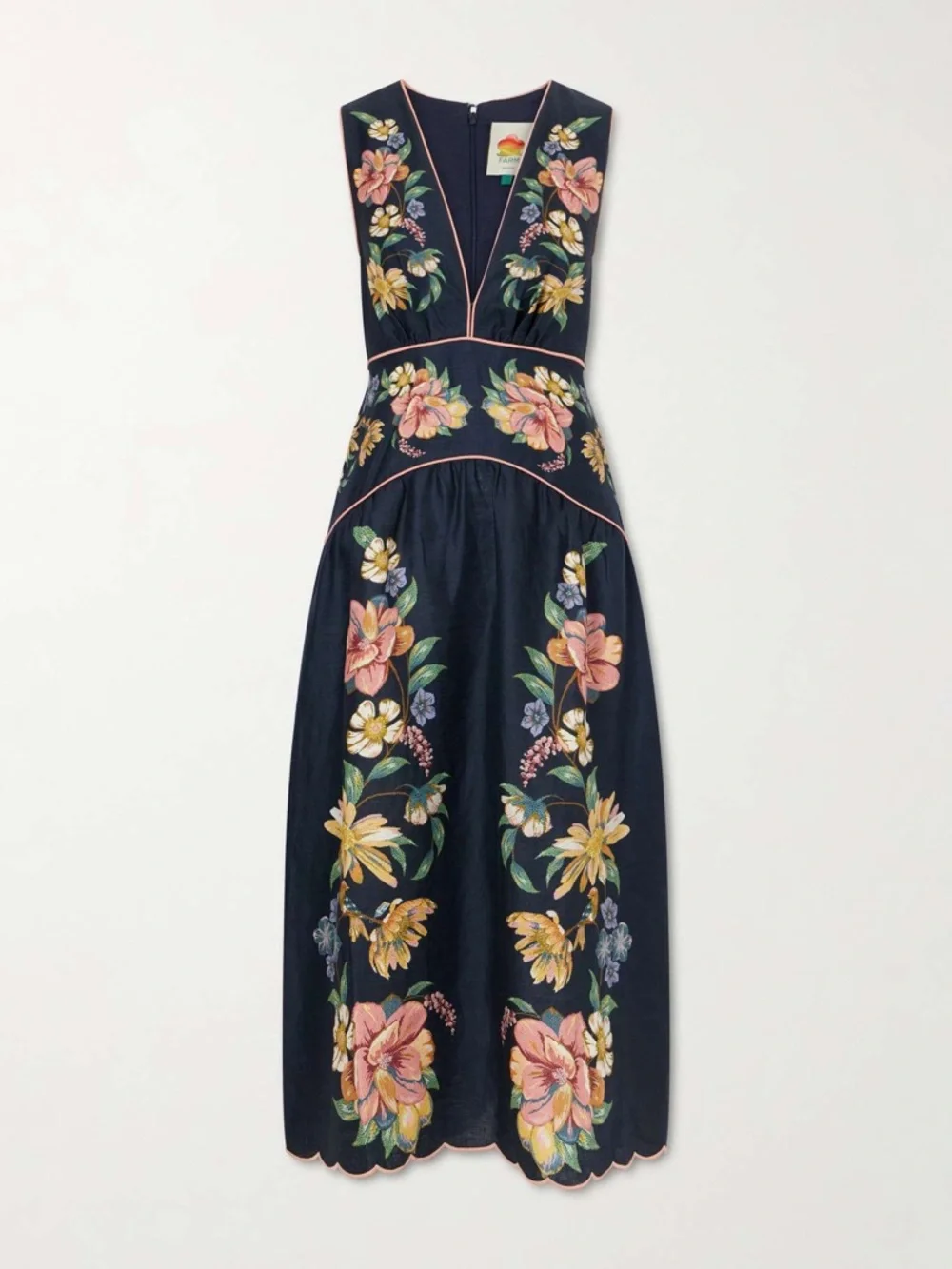 FARM Rio Maira Floral Dark Blue Linen Midi Dress Size Large NWT - Picture 1 of 16